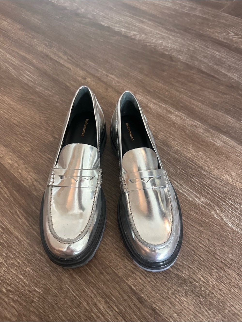 Reformation Metallic Silver Penny Loafers